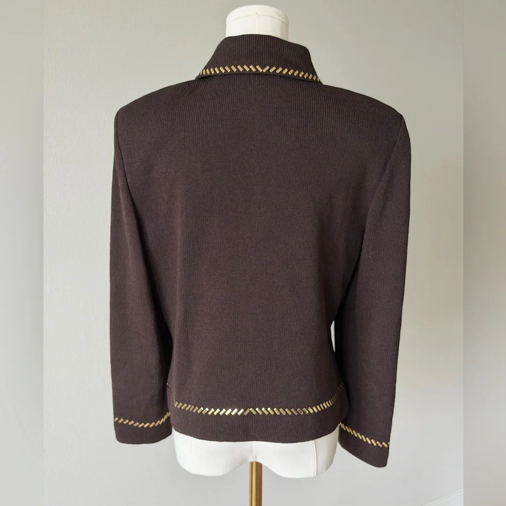✨St. John Collection Brown Suede Knit Jacket Gold Chain Trim Zipper Blazer - 10